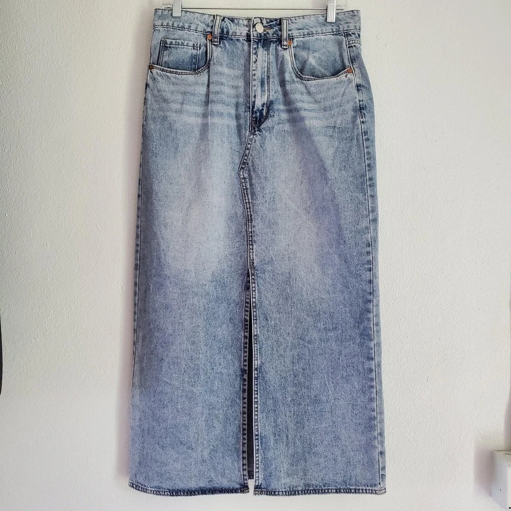 BLANK NYC Maxi Denim Skirt Women 28 Pockets Slit Cotton Blue Boho Festival Gypsy